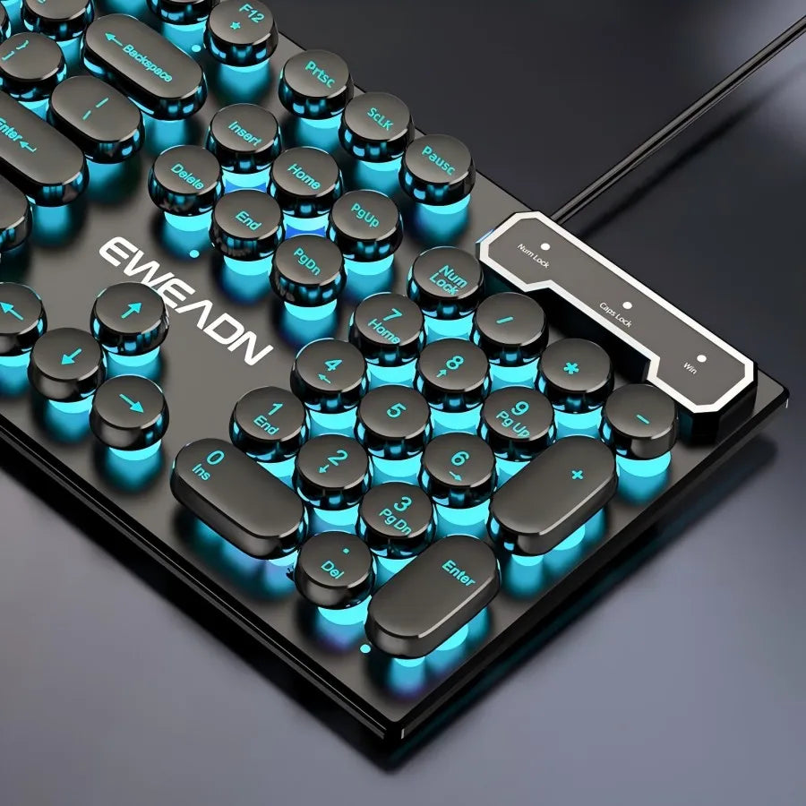 EWEADN Typewriter Gaming Keyboard, 104 Keys, Retro Punk Round Keycaps, Blue Backlight, USB Wired, for Windows PC/Laptop