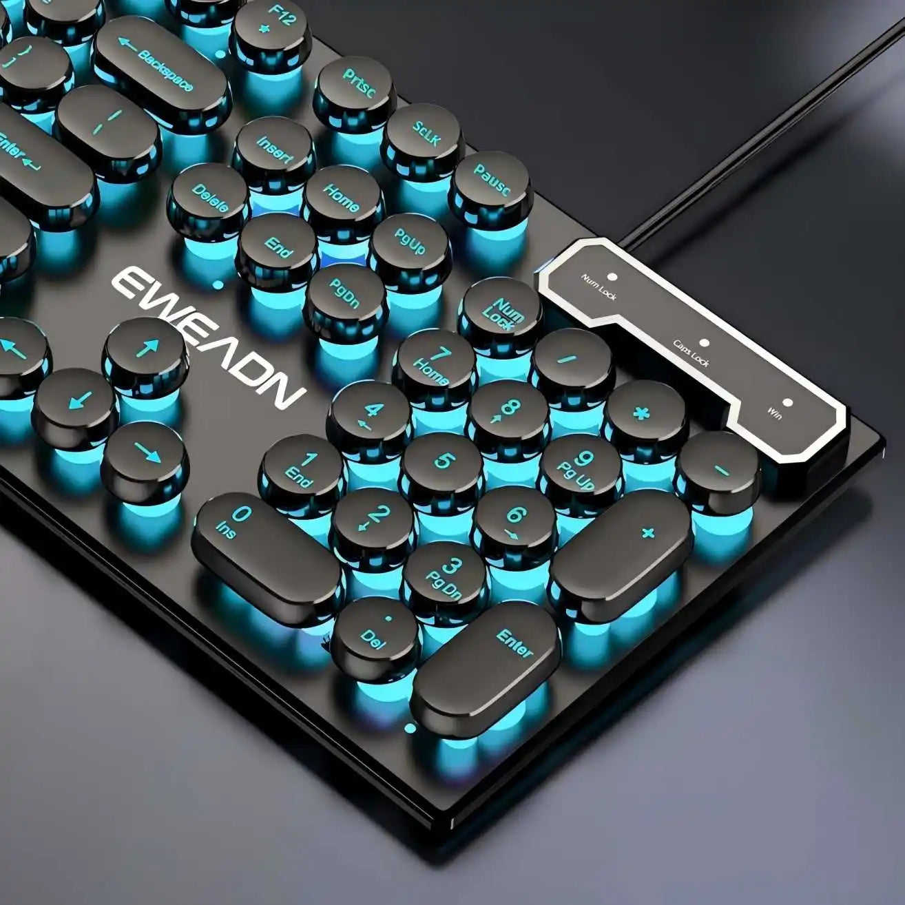 EWEADN Typewriter Gaming Keyboard, 104 Keys, Retro Punk Round Keycaps, Blue Backlight, USB Wired, for Windows PC/Laptop